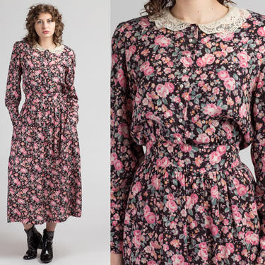 80s Lanz Pink Floral Fitted Waist Maxi Dress - Medium to Large | Vintage Lace Collar Long Sleeve Grunge Dress 