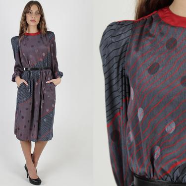 80s Silky Grey Dress / Red Polka Dot Stripes / Vintage 1980s Black Lined Geometric Puff Sleeves / Shiny Office Pockets Mini Mdi Dress 