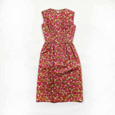 1960s Hayette Pink Silk Floral Coctail Dress / Sleeveless / Bows / Metal Zipper / Small / Shift Dress / Mad Men / Daisies / Jackie O 