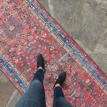 Vintage 3’4” x 11’10” Runner Floral Design Bold Colors Red Blue Wool Pile Hand-Knotted Rug - FREE DOMESTIC SHIPPING 