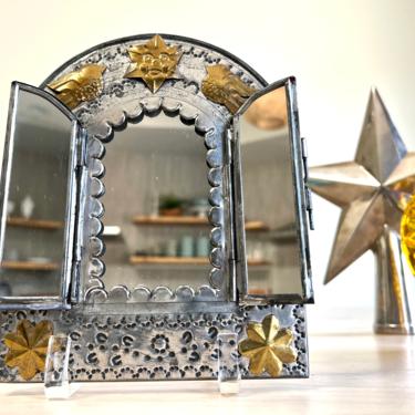 Vintage Celestial Pressed Tin Mirror with Doors 