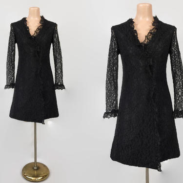 VINTAGE 60s Black Lace Mini Wrap Party Dress | 1960s Sheer Sleeve Cocktail Dress | Mod Gothic Cordonnet Lace Twiggy Dress S/M 