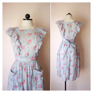 30s Cotton Voile Pinafore Dress Button Back Apron Dress Floral Size S 