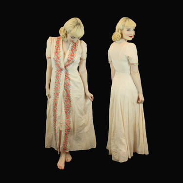 Vintage 1930s Long Maxi Printed Cotton House Dress Size S M Wearable Great Condition 