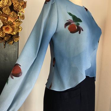 1980s wrap blouse, vintage 80s blouse, air brushed blouse, blue floral blouse, size medium, at once, long sleeve top, crepe blouse, 34 