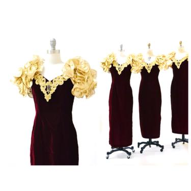 Vintage 80s Prom Dress Red Velvet Gold Metallic Evening Gown xs Small// Vintage Dark Red Velvet gold metallic Ruffle Dress Pageant Gown 