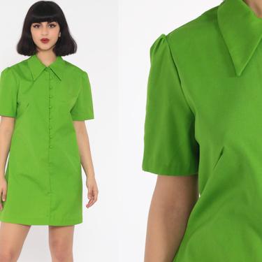 Mod Shift Dress 60s Mini Green Puff Sleeve Vintage 70s Space Age Button Up Hippie Minidress Twiggy Short Sleeve Collar Medium 