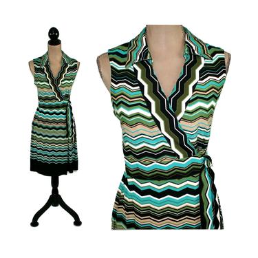 Y2K Green Stripe Faux Wrap Dress Small, Jersey Knit Sleeveless A Line Midi with Collared V Neck, 2000s Clothes Women Vintage Spring Summer 