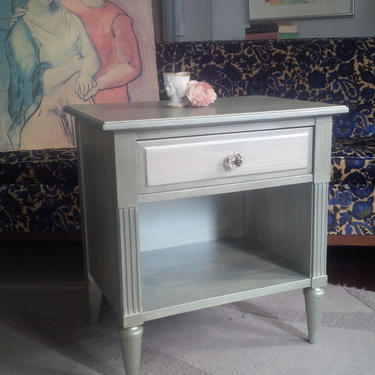 Bedside Table Paris Boudoir Vintage Nightstand Metallic Finish Poppy Cottage Custom Painted Finish 