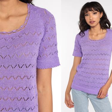 Purple Knit Blouse 70s Top Sweater Shirt Plain 1970s Vintage Cutout Pointelle Shirt Short Sleeve 80s Vintage Retro Medium 