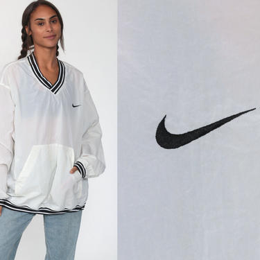 Nike Jacket xl 90s White Windbreaker Jacket Pullover Warm Up Nylon Shell Sportswear V Neck Athletic Apparel 80s Vintage Extra Large xl 