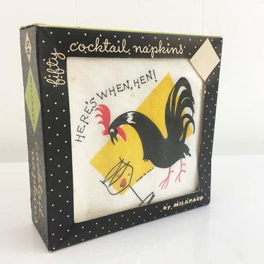 Vintage Cocktail Napkins Milapaco Snack Party Illustrations 50 Napkins Paper 1950s NOS Deadstock MCM Mid-Century Rooster USA 