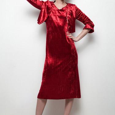 red velvet dress bolero jacket set vintage 2-piece sequin trim bell sleeves S SMALL 