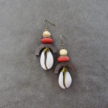 Cowrie shell earrings, long wooden earrings, African Afrocentric earrings, seashell earrings, exotic ethnic earrings, orange earrings 2 