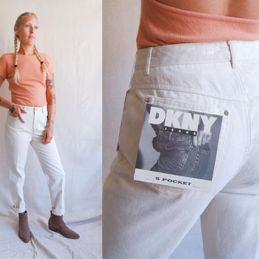 Vintage 80s DKNY Ecru Denim/ 1980s High Waisted Canvas Tapered Jeans/ Size 28 