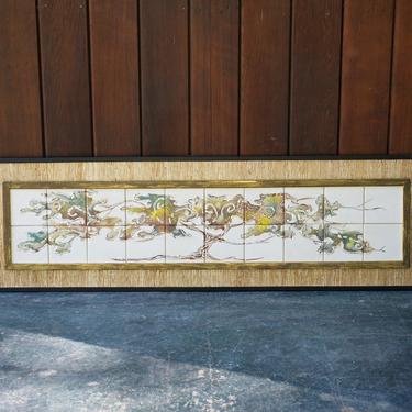 Mid-Century House of Ransu Ceramic Tile Wall Decor Fine Art Abstract Tree Form on Grass Cloth Frame Vintage Large 