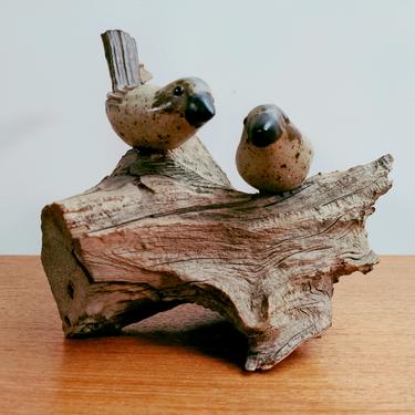 Ceramic Birds on Branch Wood Sculpture | Stamped Mark | Pottery Birds 
