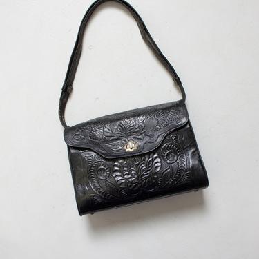Vintage Tooled Leather Black Shoulder Bag 1970s Purse Western Mexican 70s 