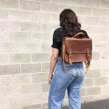 Vintage Backpack Retro 1990s Genuine Leather + Handmade + Laptop + Messenger Bag + Cognac + Satchel + Briefcase + Unisex Accessory 