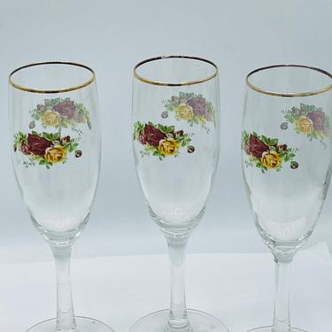 Vintage 1990 Royal Albert Old Country Roses Champagne Flutes Set 3 Red and Gold Roses by ROYAL DOULTON 