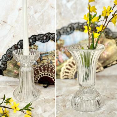 Clear Glass Candle Holder and Vase Combination, Minimalist, Modernist, Beveled, Vintage 70s 80s 
