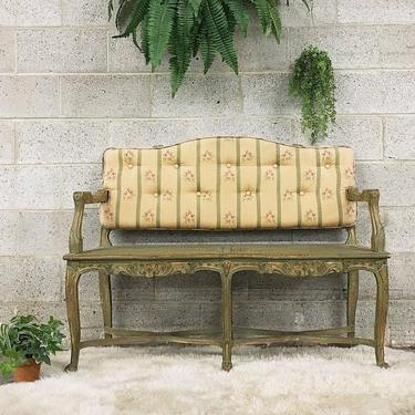 LOCAL PICKUP ONLY Vintage Bench Retro 1960s Green Wood Bench + Cane Back + Seat + Carved Details + Floral Back Cushion + Entryway + Seating 