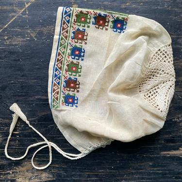 Antique 19th C Victorian Ottoman Turkish Embroidery Baby Bonnet Cotton Lace Doll