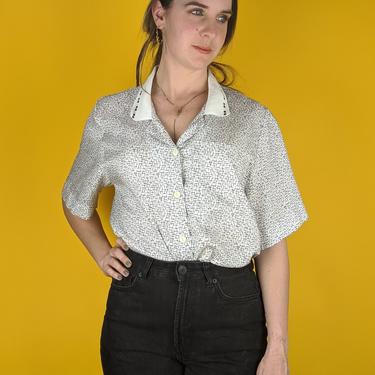 80s Retro Abstract Print Button Up Top (Vintage VTG), Mod Boho Classic Hipster Hippie Festival Party Shirt, Professional Cocktail Women's 