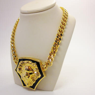 Vintage 1980s Versace Style Black Enamel and Gold Tone Flashy Chunky Chain Necklace with Relief Lion Head Plaque Leo Zodiac Gift Jewelry 