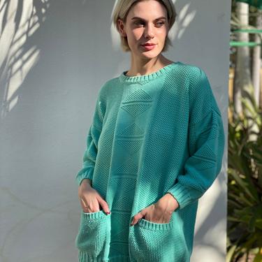 Vintage Cotton Knit Sweater / Sea Green Aqua Blue Oversized Long Sleeve Sweater / Eighties Sweater Top / Cyan Green Knitwear 