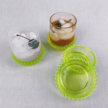 Retro Uranium/Vaseline Glass Coasters - Boyds Candlewick Beaded Glass - Set of 4 