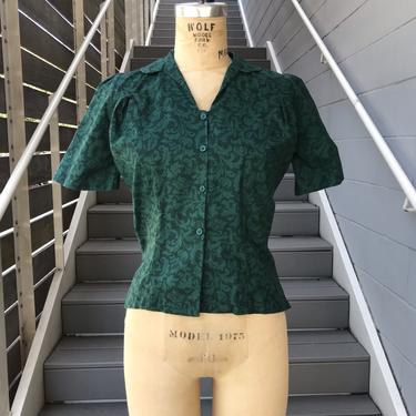 1950s Green Damask Puff Sleeve Button Up Shirt