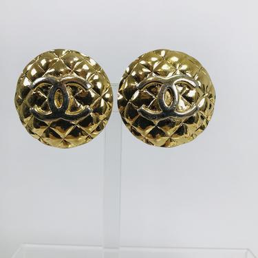 Vintage Chanel Large Round Goldtone Quilted Logo Clip Back Earrings 1960s