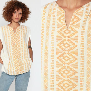 Embroidered Tunic Top Sleeveless Mexican Blouse COTTON Shirt Ethnic Hippie Tribal Boho Off-White AZTEC Bohemian Small Medium 