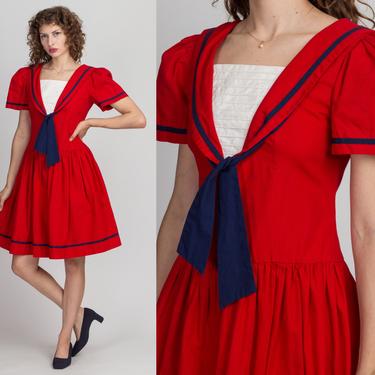 80s Red Puff Sleeve Sailor Dress - Small to Medium | Vintage Girly Cotton Retro White Bib Pleated Skirt Dress 