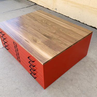 Vintage Flat File Coffee Table Refinished in Custom Colors with Walnut Top