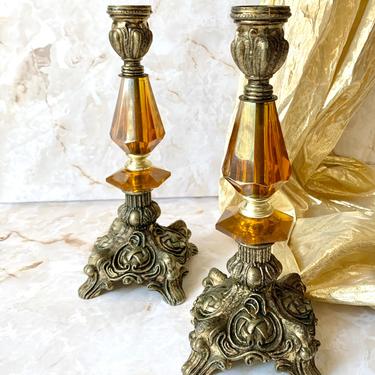Ornate Candle Holders, Hollywood Regency, Amber Lucite, Candlestick Holders, Sustainable Living, Vintage Home Decor 
