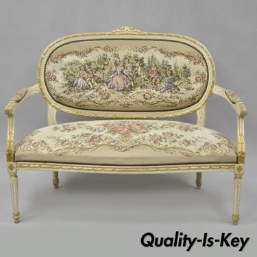 Vtg French Louis XVI Style Distress Painted Cream &amp; Gold Gilt Wood Settee Sofa