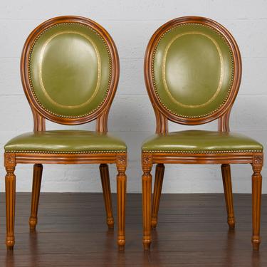 Vintage Set of 6 French Louis XVI Green Leather Dining Chairs 
