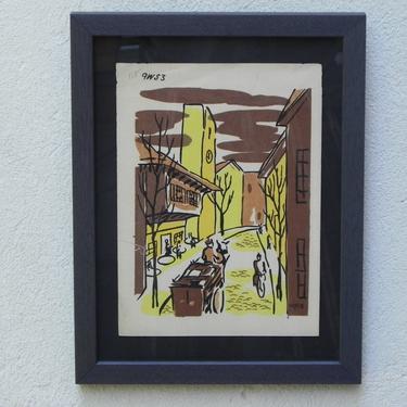 Mid-Century Lithograph by Wylie Newly Framed-Street Scene with Café, Bicycle &amp; Truck, Brown and Yellow 