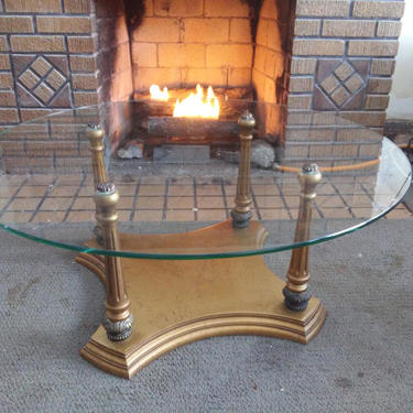 Mid Century Modern Glass and Gilt Wood Coffee Table Hollywood Regency Style 