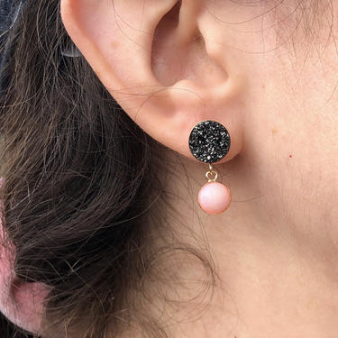 Pink Opal and Sparkling Black Druzy Stud Drops 
