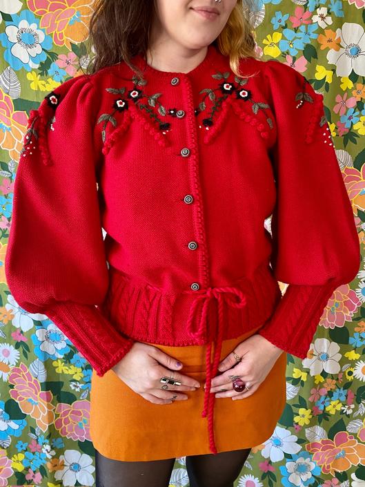 Red Puff Sleeve Wool Floral Cardigan