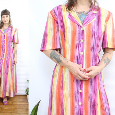 Vintage 90's Fruit Stripe Midi Dress / 1990's Colorful Summer Midi Dress / Women's Size XL - Plus Size 1X by Ru