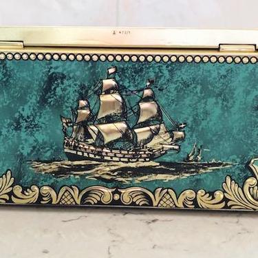 Vintage Blue and Gold 1950 Rare Bering Galleon Sail Boat Cigar Box Chest Corral by LeChalet