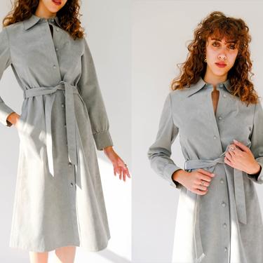 Vintage 70s CIAO LTD for Saks Fifth Avenue Light Gray Ultrasuede Belted Button Up Dress w/ Pockets | Halston Style | 1970s Designer Dress 