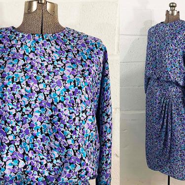 Vintage Jewel Tone Floral Dress 1980s Black Long Sleeve Fit & Flare 80s Batwing Sleeves Wrap Drop Waist Gathered Large L XL 