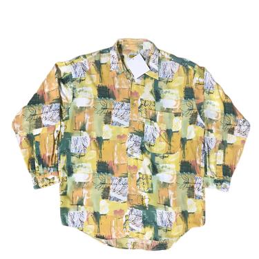 (M) Intermezzo Yellow Abstract Silky Button Up Shirt 062921 LM
