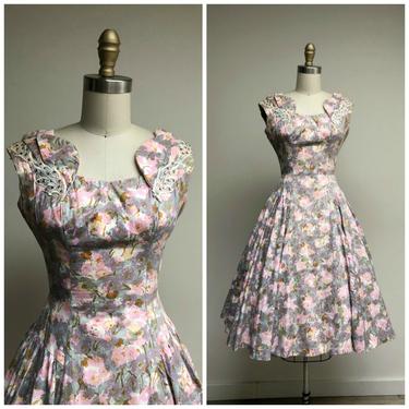 Vintage 1950s Dress • Penelope • Pink Purple Watercolor Floral 50s Cotton Party Dress with Rhinestones Size Small 
