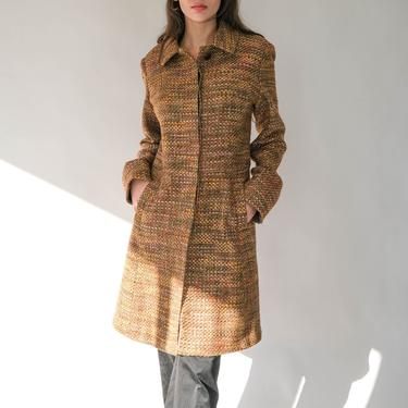 Vintage 90s Marvin Richards Olive Green & Pastel Boucle Wool Full Length Jacket | Bohemian, Uptown Chic | 1990s Designer Fancy Wool Overcoat 
